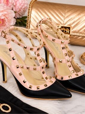 Ji Mei Xie Ye Black Pink Studded T-Strap Pointed Toe Stiletto Heels
